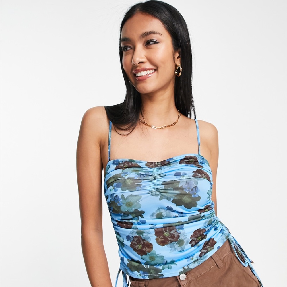 Topshop Blue Floral Ruched Tank Top